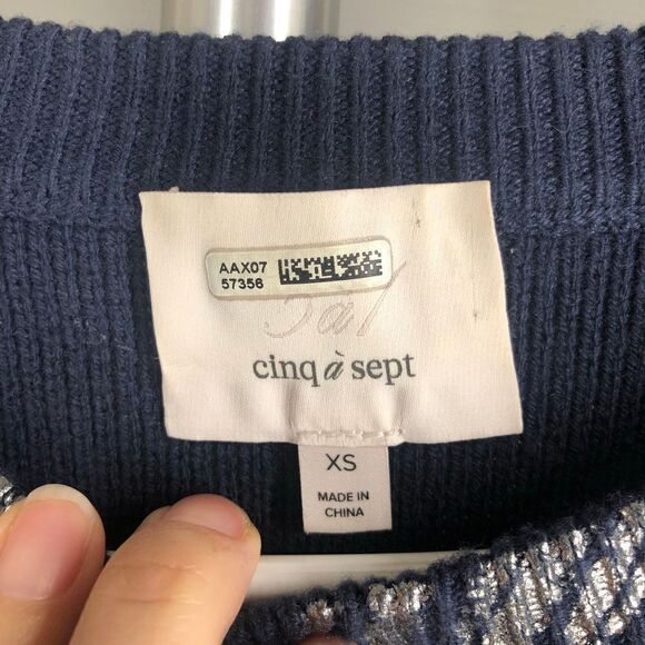 CINQ A SEPT 30% Wool Navy Metallic Palm Exposed Seam Short Sleeve Sweater Sz XS - Picture 7 of 9